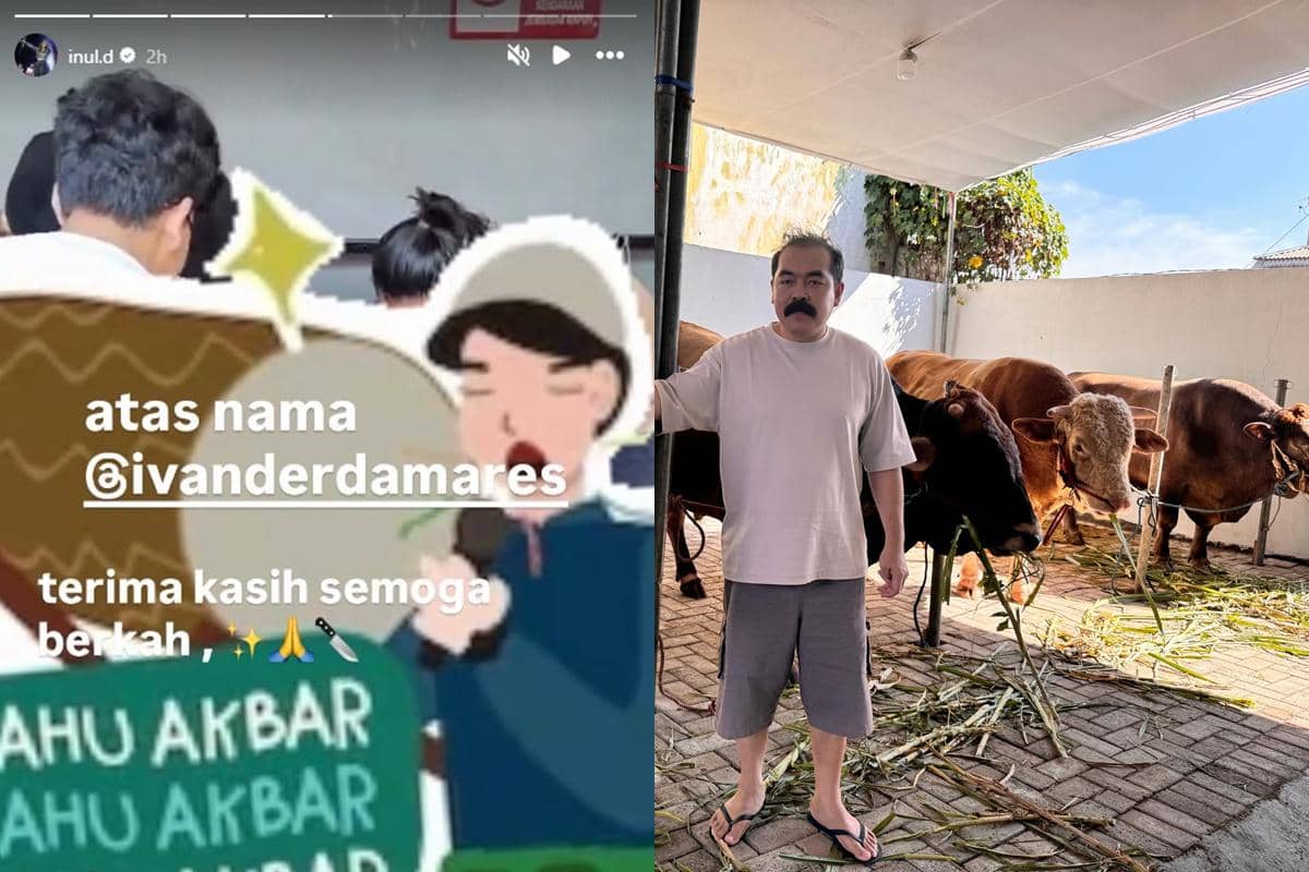 Seorang pria berdiri di samping beberapa sapi kurban di area tertutup, mengenakan kaus putih dan celana pendek abu-abu.