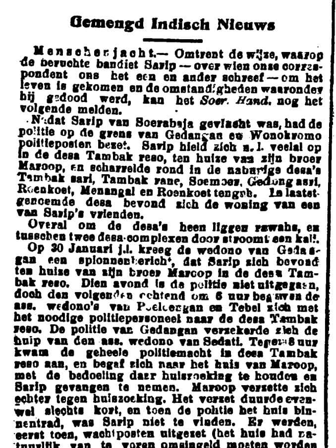 Berita Tentang Kematian Sarip. Doc. Bataviaasch Nieuwsblad 6 Februari 1912