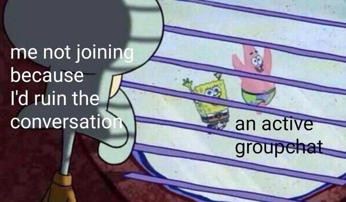 Meme kartun menampilkan karakter melihat ke luar jendela dengan tulisan tentang tidak bergabung dalam grup chat yang aktif.