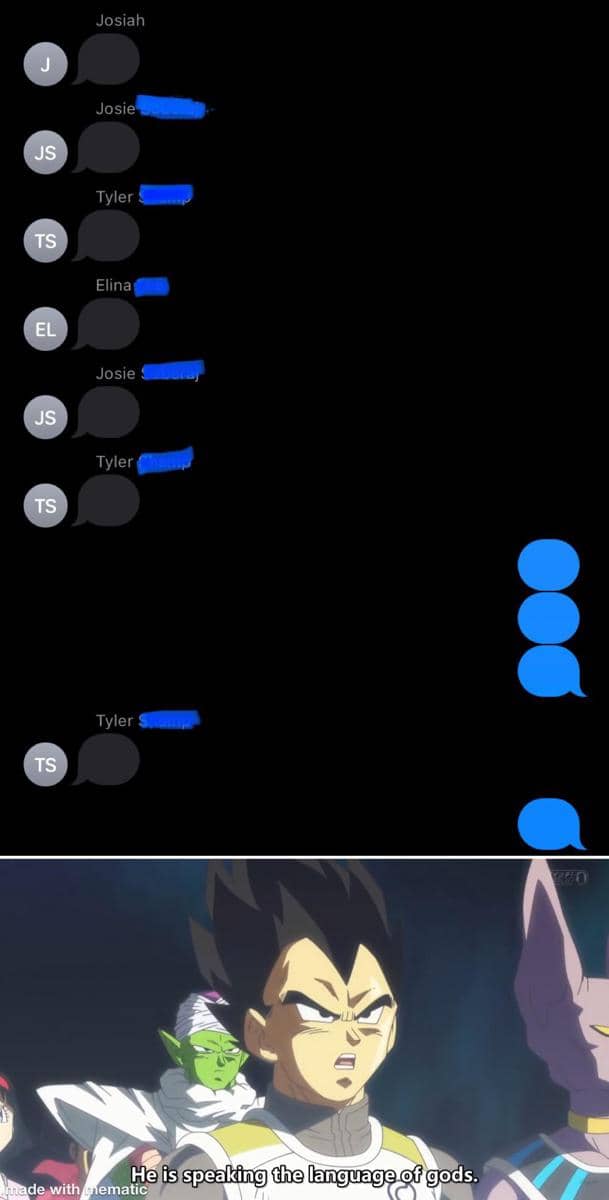 Meme percakapan grup chat dengan balon pesan kosong diikuti adegan karakter anime bereaksi serius dengan teks lucu di bawahnya.