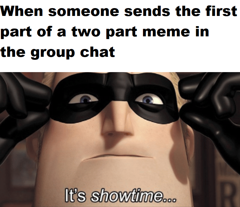 Meme kartun menampilkan karakter animasi mengenakan topeng hitam dengan ekspresi serius dan teks lucu tentang grup chat.