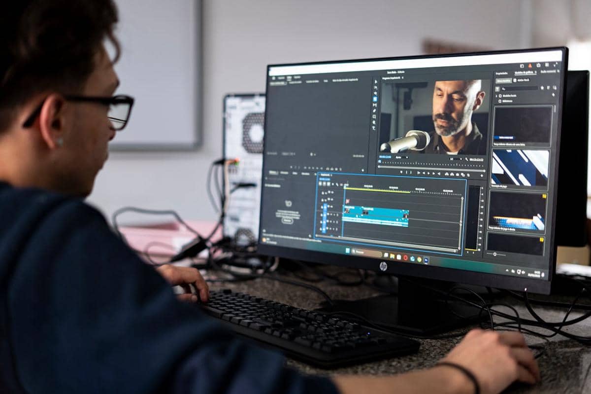 ilustrasi desktop, kerja depan komputer, editing video