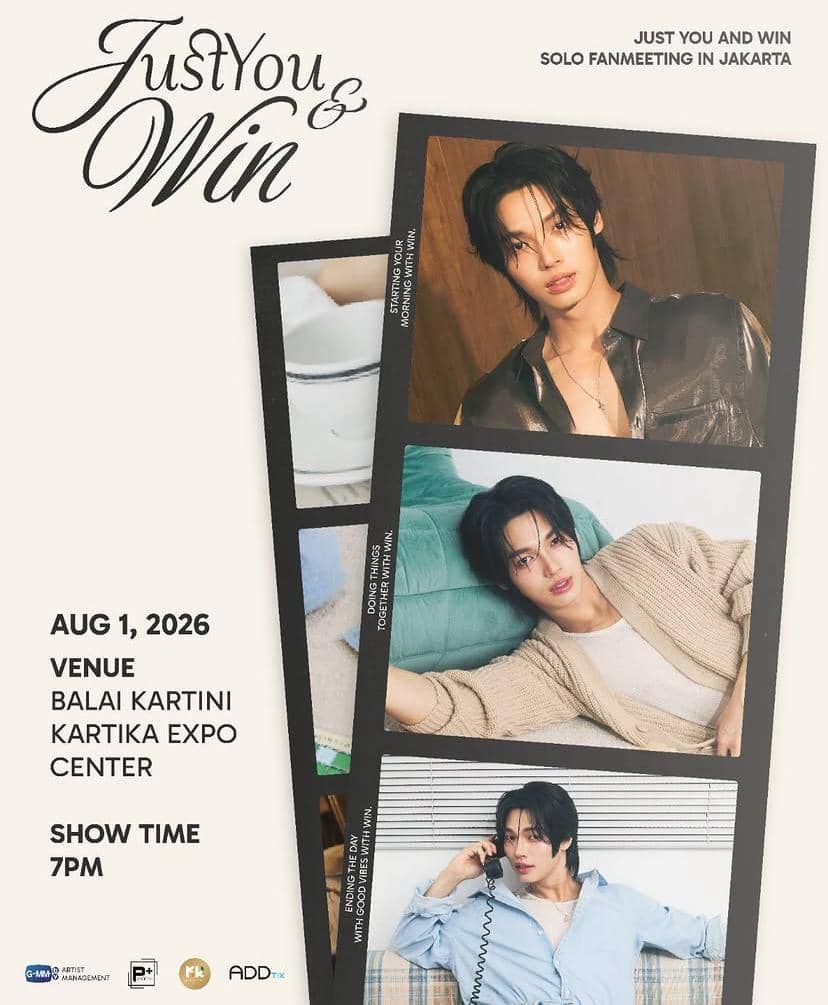 Poster fan meeting solo Win Metawin bertajuk Just You and Win di Jakarta tahun 2026 dengan beberapa foto dirinya dalam berbagai pose.