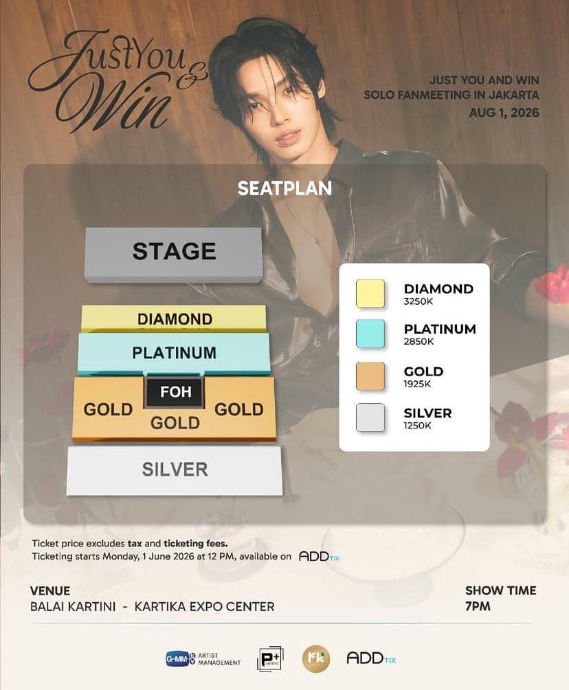 Poster fan meeting Just You and Win di Jakarta 2026 menampilkan artis dengan jadwal acara, denah tempat duduk, dan harga tiket berbagai kategori.