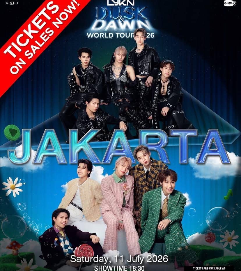 Poster konser LYKN Dusk & Dawn World Tour 2026 di Jakarta menampilkan delapan anggota grup dengan busana panggung dan tanggal acara.