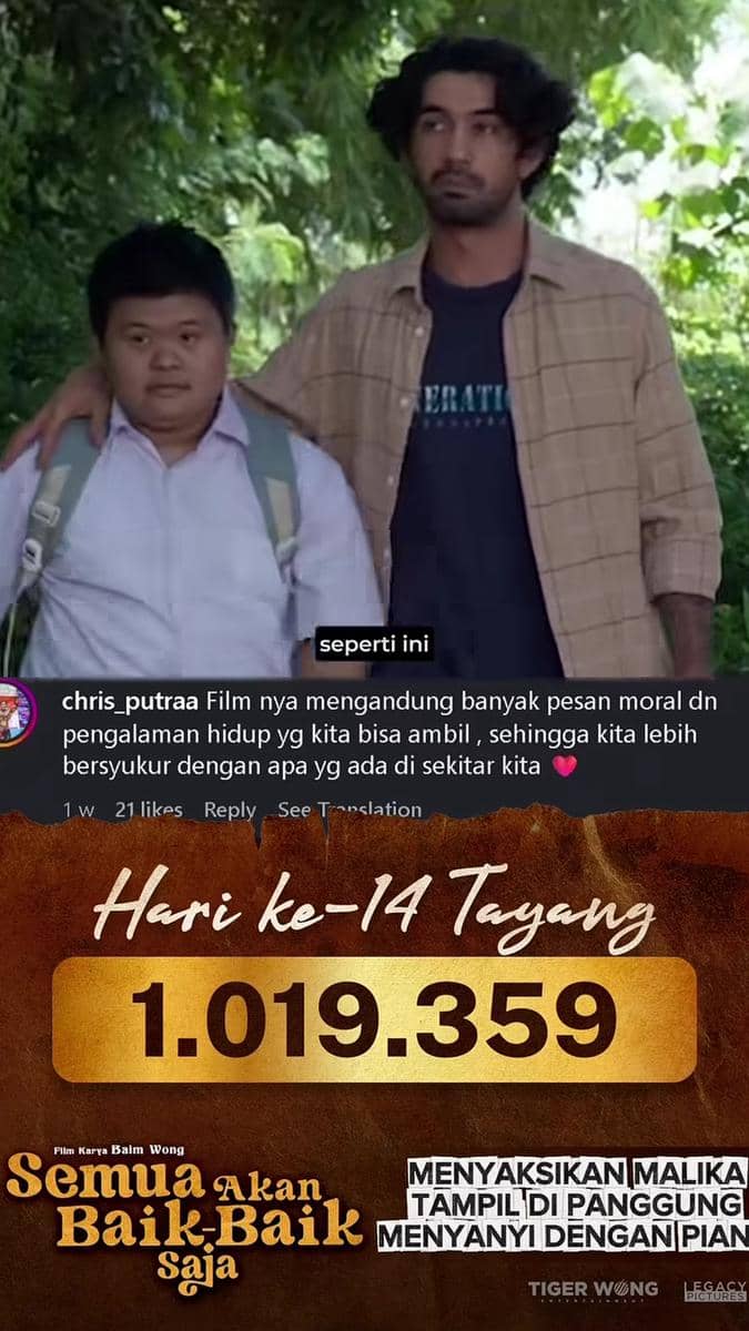 Dua pria berjalan bersama di jalan setapak dengan latar pepohonan, disertai teks promosi film Semua Akan Baik-Baik Saja yang telah ditonton lebih dari satu juta penonton.