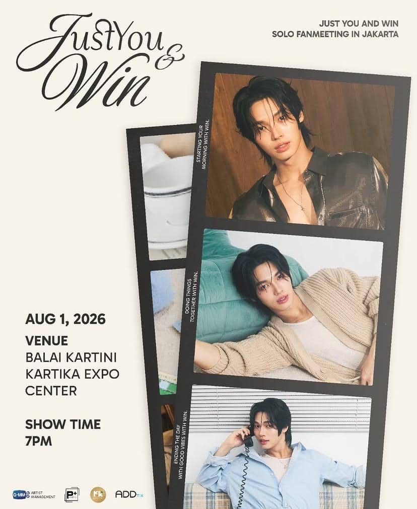 Poster fan meeting Just You and Win di Jakarta 2026 menampilkan beberapa foto Win Metawin dengan jadwal acara di Balai Kartini.