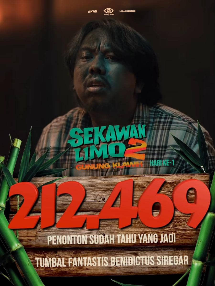 Poster film Sekawan Limo 2: Gunung Klawih menampilkan seorang pria berwajah kotor dengan tulisan jumlah penonton 212.469 di bagian depan.