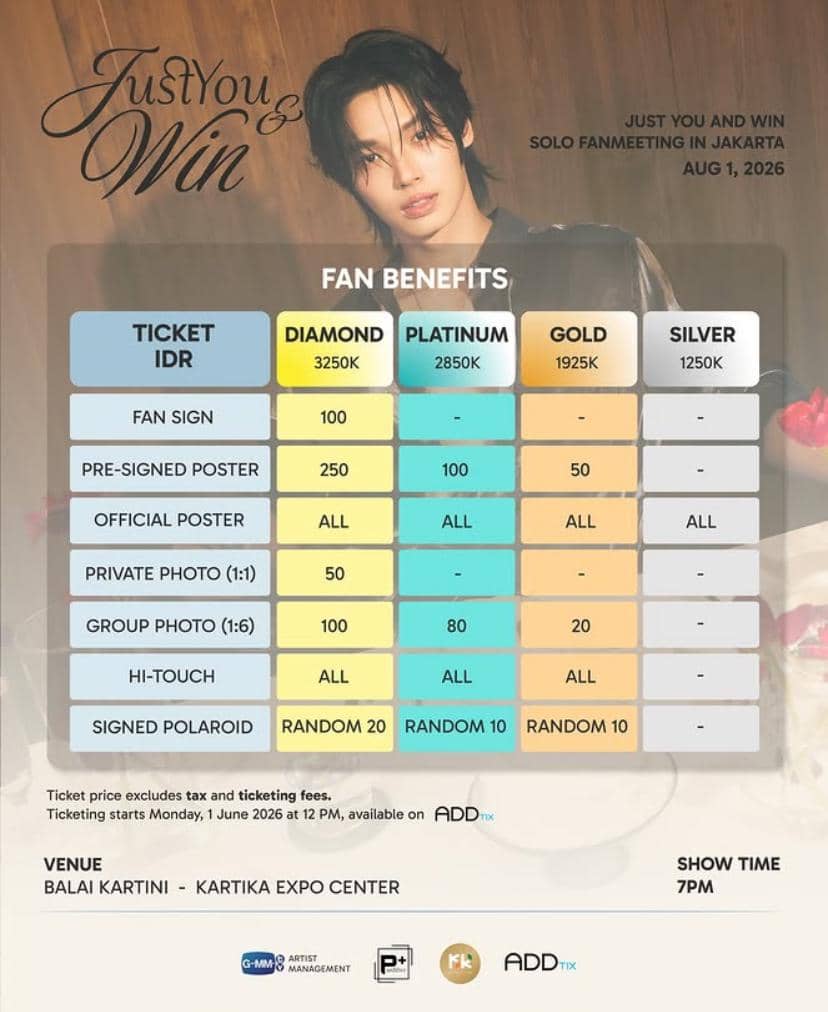 Poster fan meeting Just You and Win di Jakarta 2026 menampilkan daftar harga tiket dan keuntungan tiap kategori di Balai Kartini.