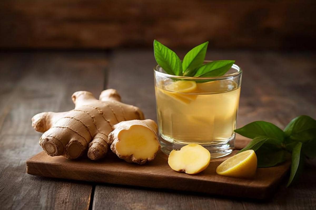 Segelas air jahe hangat dengan potongan jahe segar, daun hijau, dan irisan lemon di atas papan kayu di meja kayu gelap.