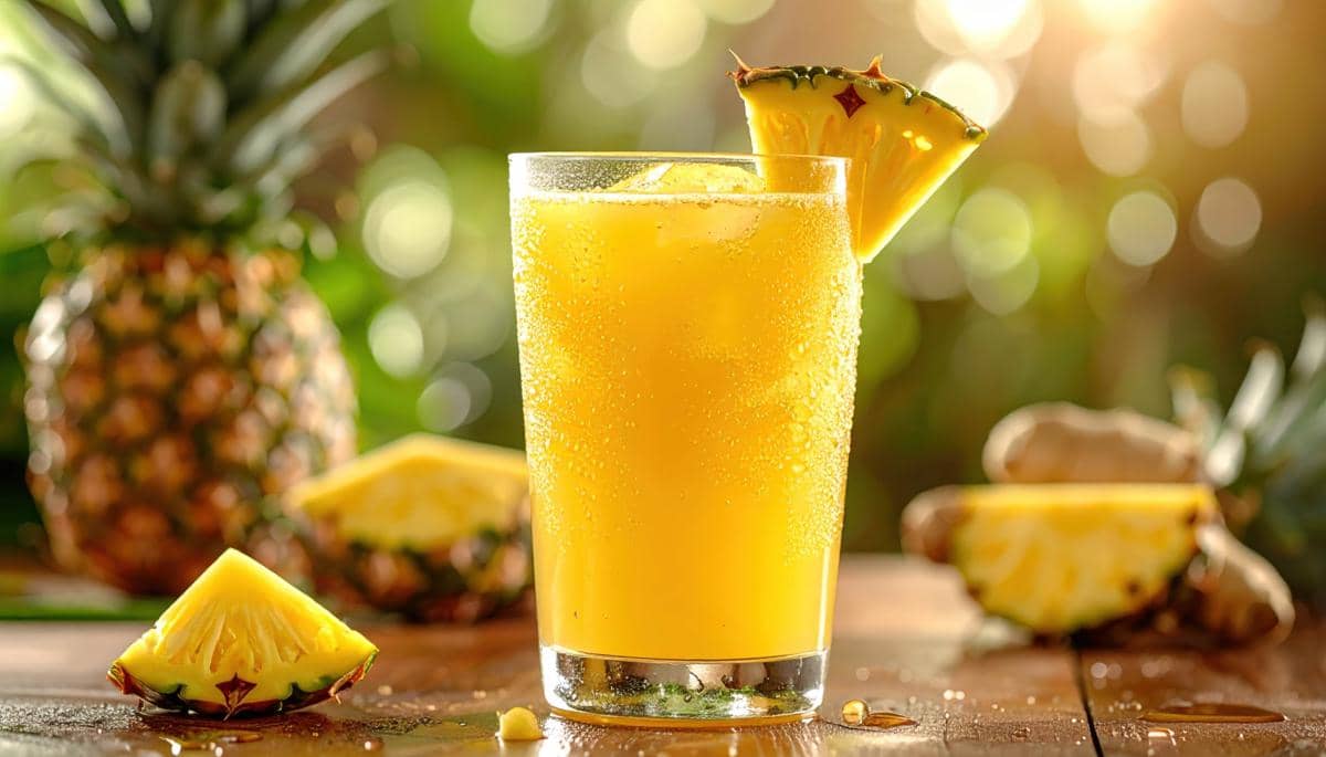 Segelas jus nanas segar dengan potongan nanas di tepi gelas, dikelilingi potongan buah nanas di atas meja kayu.