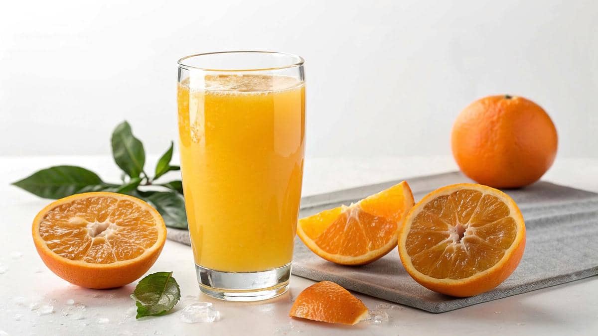 Segelas jus jeruk segar berwarna oranye dikelilingi potongan jeruk dan daun hijau di atas meja putih dengan latar sederhana.
