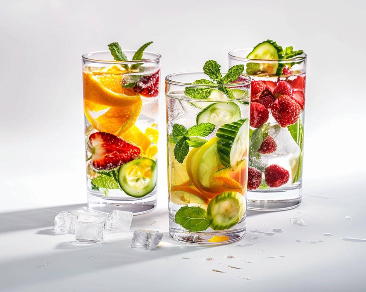 Tiga gelas infused water berisi potongan buah jeruk, stroberi, mentimun, daun mint, dan es batu di atas permukaan putih.