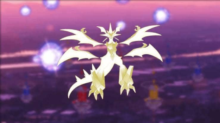 Ultra Necrozma berwarna emas bercahaya dengan latar belakang langit senja ungu dan bola cahaya biru di kejauhan.