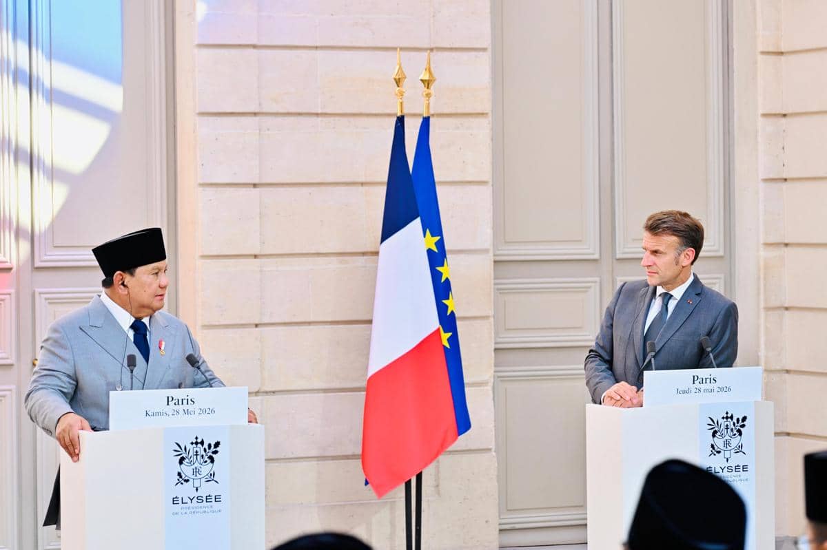   Presiden Prabowo Subianto melakukan pertemuan bilateral dengan Presiden Prancis, Emmanuel Macron di Istana Élysée, Prancis, Kamis (28/5/20