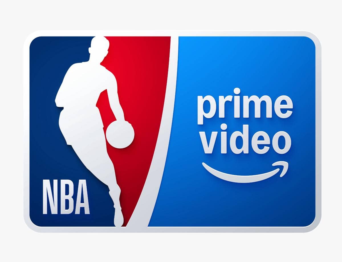 Logo NBA berdampingan dengan logo Prime Video berlatar warna merah, biru, dan putih untuk promosi Final NBA 2026.