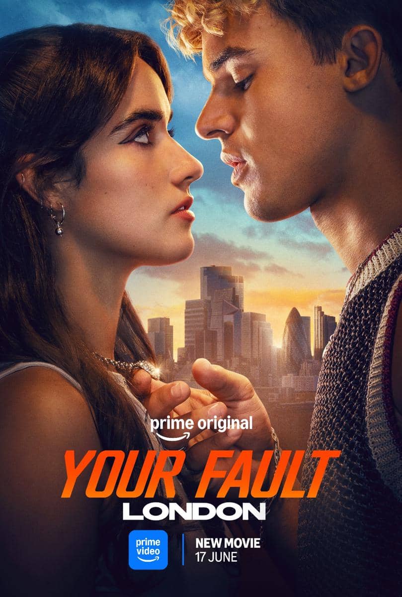 Dua orang muda saling menatap intens dengan latar gedung-gedung kota London saat matahari terbenam, poster film Your Fault: London.