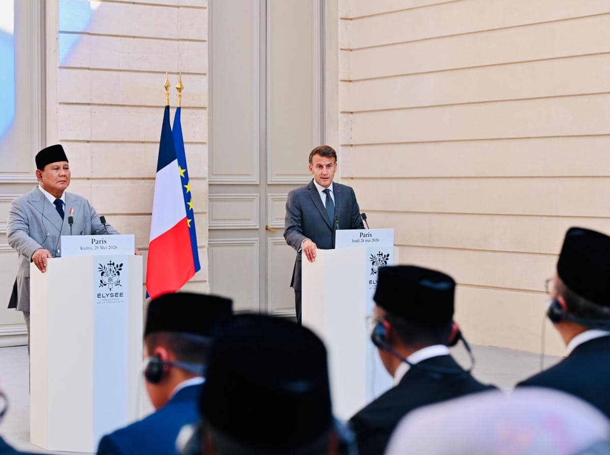   Presiden Prabowo Subianto melakukan pertemuan bilateral dengan Presiden Prancis, Emmanuel Macron di Istana Élysée, Prancis, Kamis (28/5/20