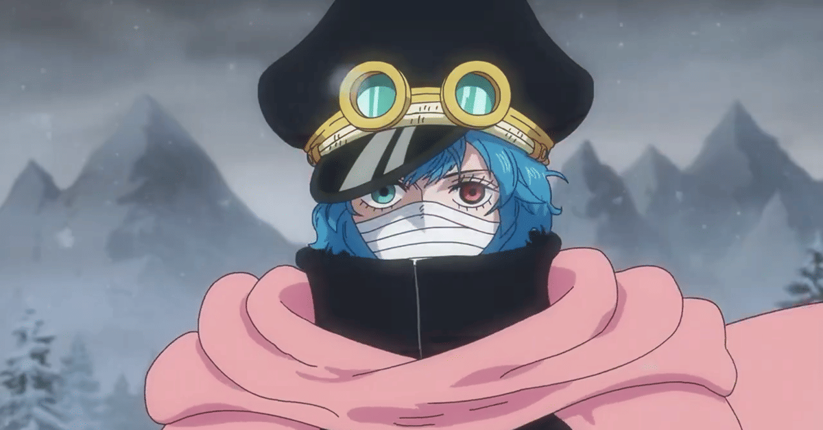 Karakter anime berambut biru dengan mata berbeda warna mengenakan topi hitam, syal merah muda, dan masker di latar pegunungan bersalju.