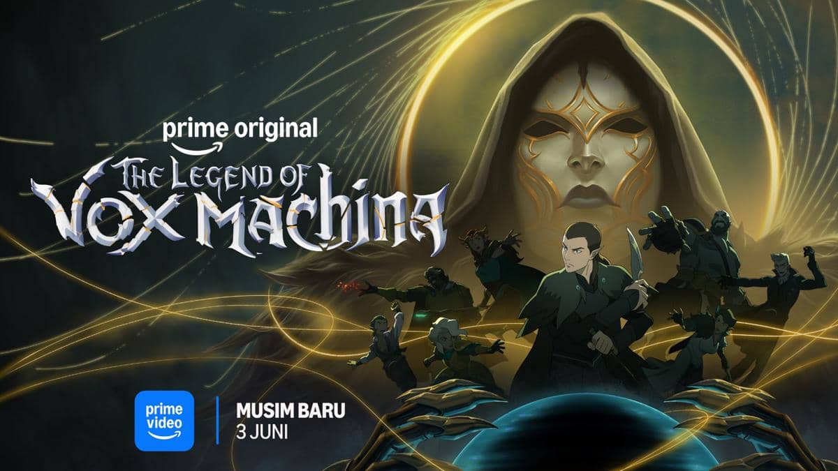 Poster animasi The Legend of Vox Machina Season 4 menampilkan para karakter utama bersiap bertarung dengan latar wajah bertopeng misterius.