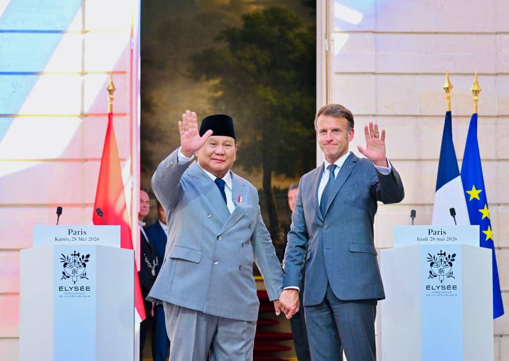   Presiden Prabowo Subianto melakukan pertemuan bilateral dengan Presiden Prancis, Emmanuel Macron di Istana Élysée, Prancis, Kamis (28/5/20