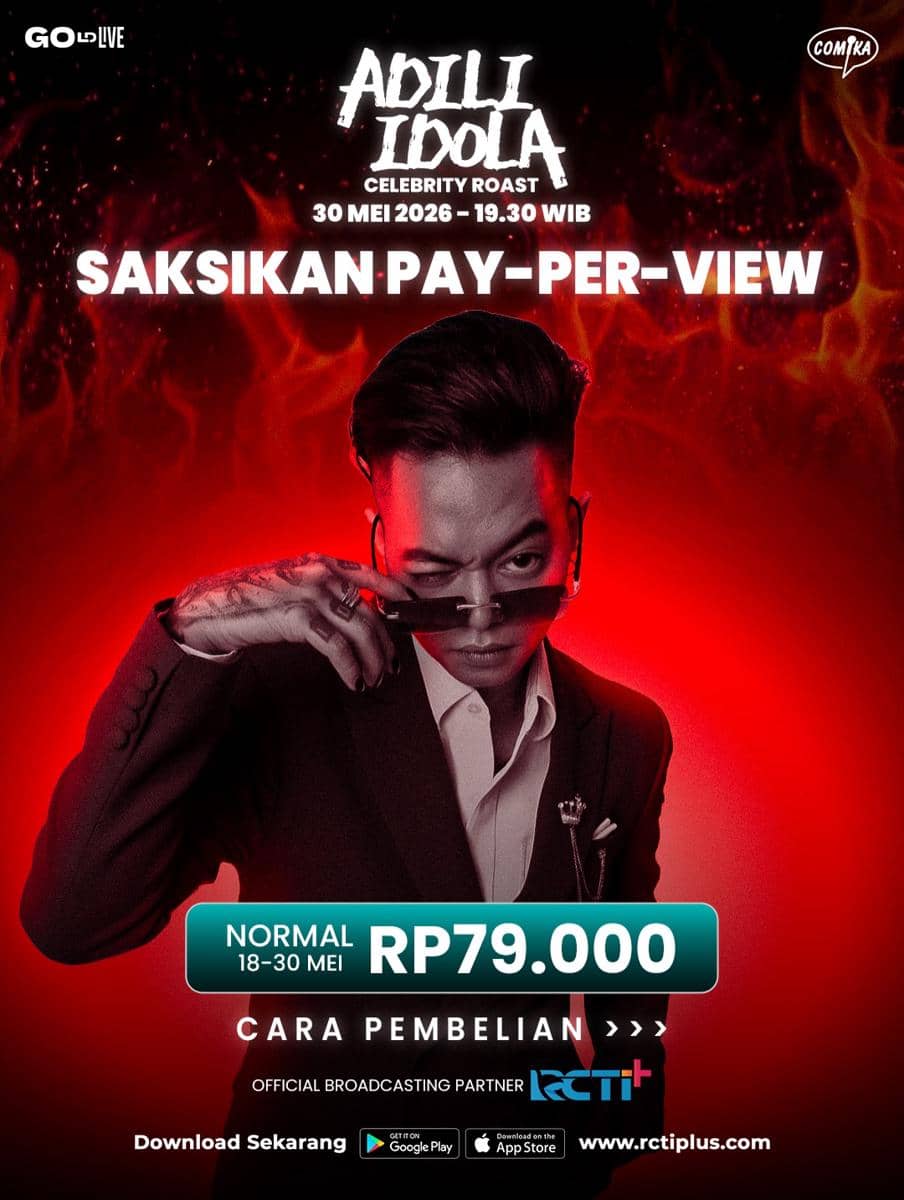 Poster acara Adili Idola Celebrity Roast menampilkan seorang pria bergaya dengan jas hitam dan kacamata hitam di latar merah menyala.