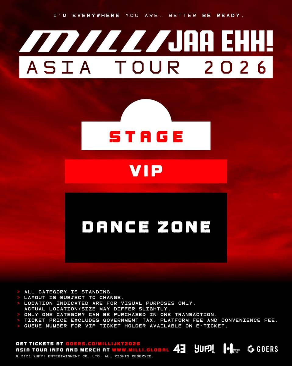 Poster konser MILLI JAA EHH! Asia Tour 2026 di Jakarta dengan pembagian area panggung, VIP, dan zona dansa berlatar merah hitam.