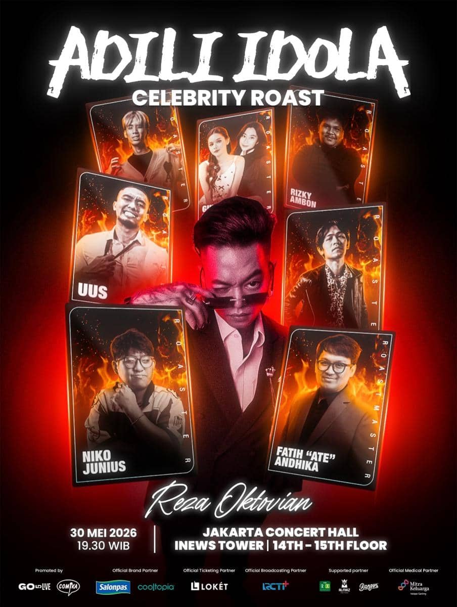 Poster acara Adili Idola Celebrity Roast menampilkan Reza Oktovian bersama para komika dan selebritas lain dengan latar api bernuansa merah oranye.