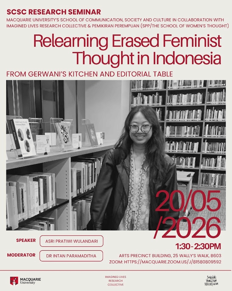 Poster seminar di Macquarie University, mempresentasikan antologi Memasak Harapan dan metode riset feminis Sekolah Pemikiran Perempuan (dok.