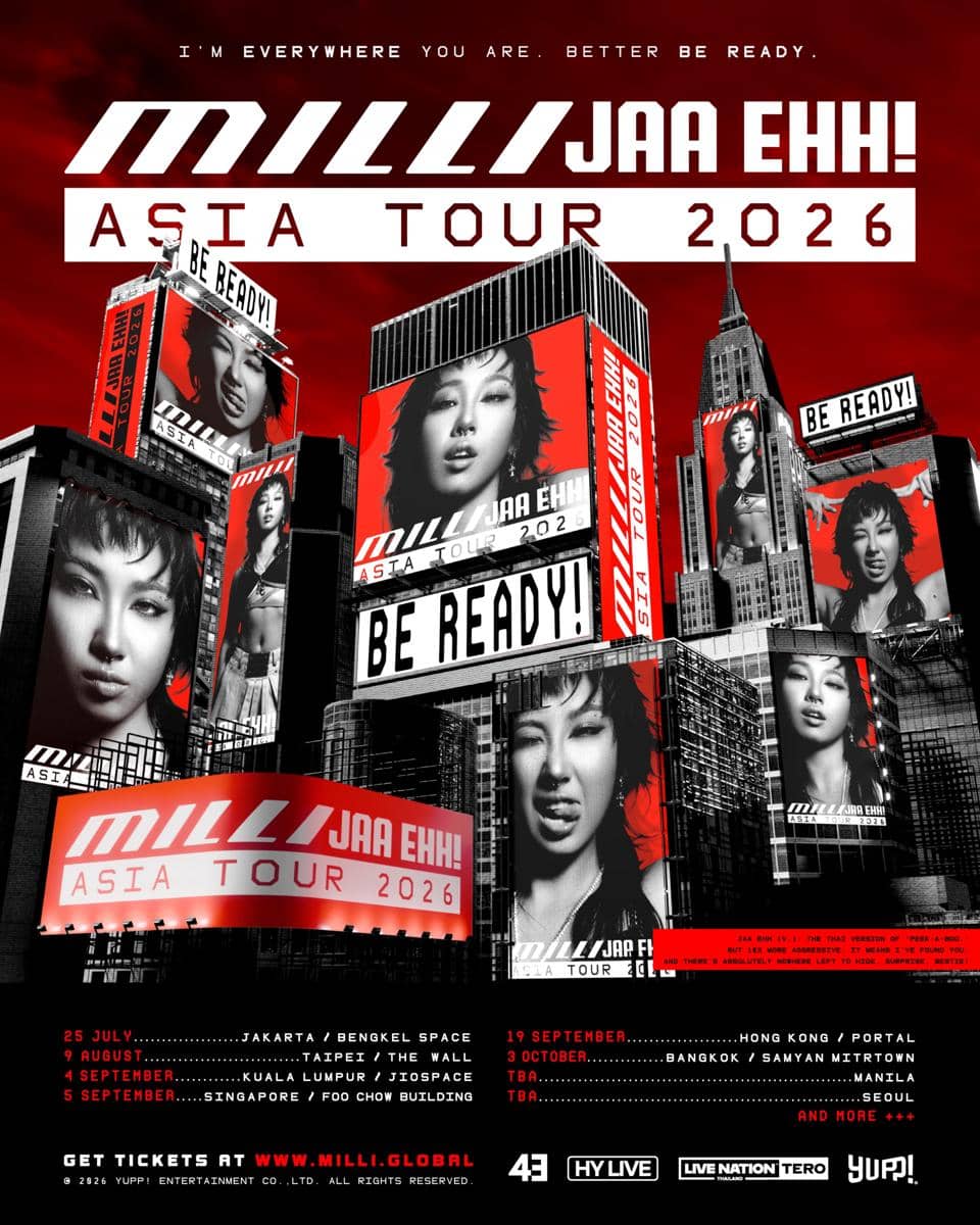 Poster tur Asia 2026 bertajuk MILLI JAA EHH! dengan latar gedung kota besar menampilkan wajah artis dan jadwal konser di berbagai negara.
