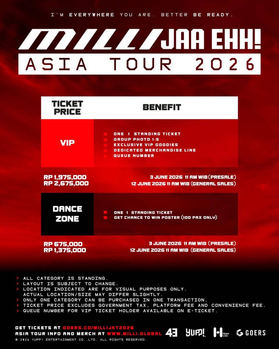Poster tur Asia MILLI JAA EHH! 2026 di Jakarta dengan detail harga tiket, jadwal penjualan, dan keuntungan kategori VIP serta Dance Zone.