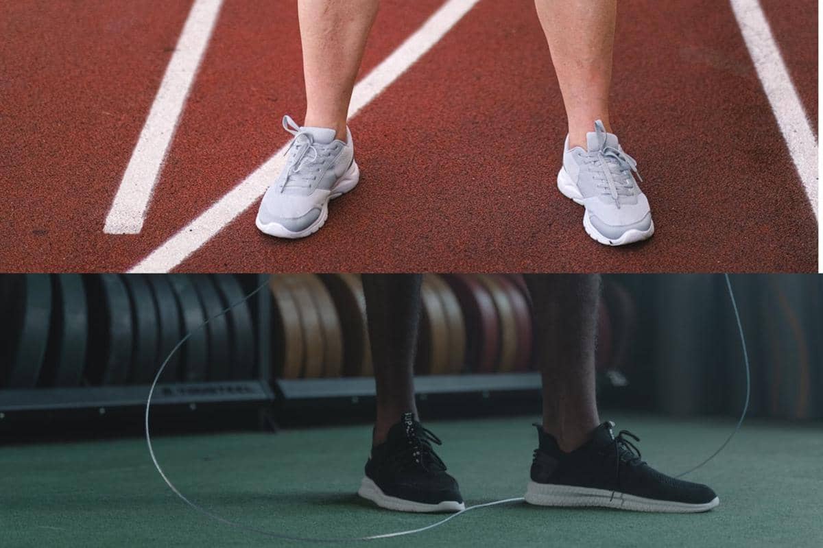 Sepatu olahraga berwarna abu-abu di lintasan lari dan sepatu hitam digunakan saat latihan lompat tali di gym.
