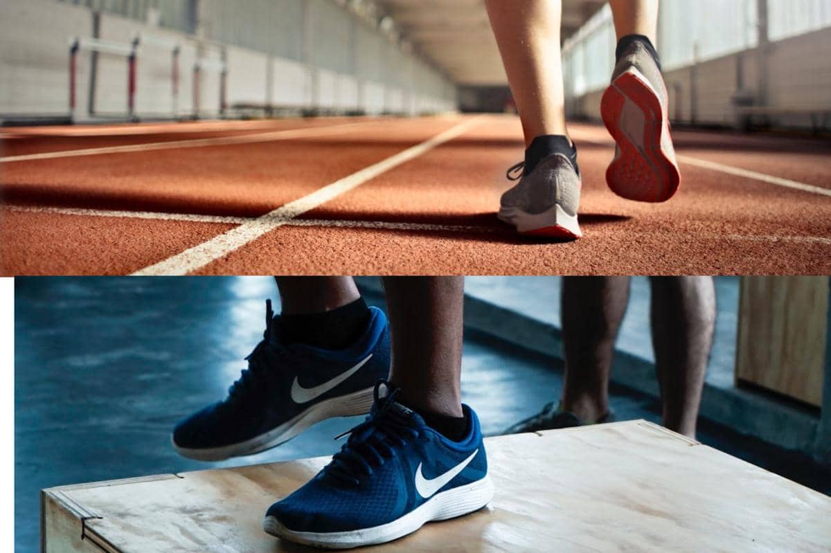Sepatu olahraga digunakan untuk berlari di lintasan dan latihan di gym, menyoroti perbedaan fungsi sepatu running dan training.