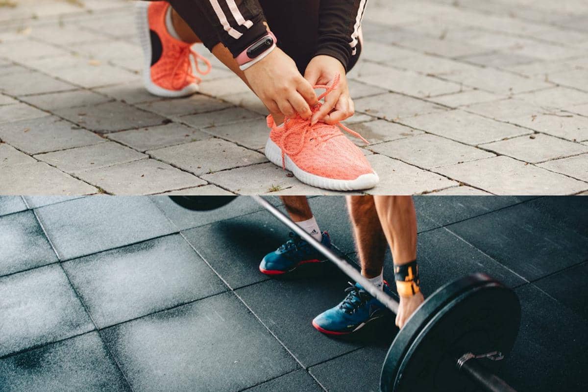 Seseorang mengikat tali sepatu lari berwarna oranye di trotoar dan seseorang mengenakan sepatu training saat mengangkat barbel di gym.