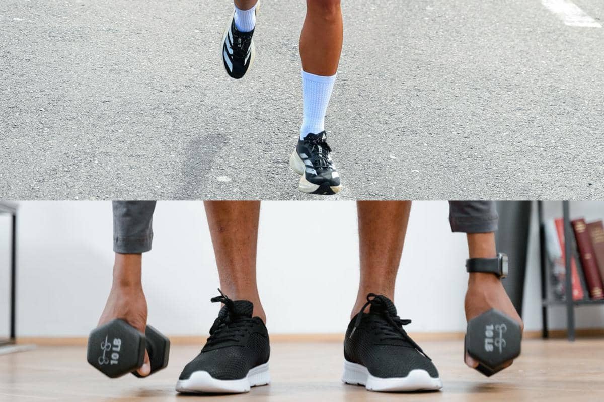 Perbandingan sepatu running di jalan dan sepatu training di dalam ruangan, masing-masing digunakan untuk aktivitas olahraga berbeda.