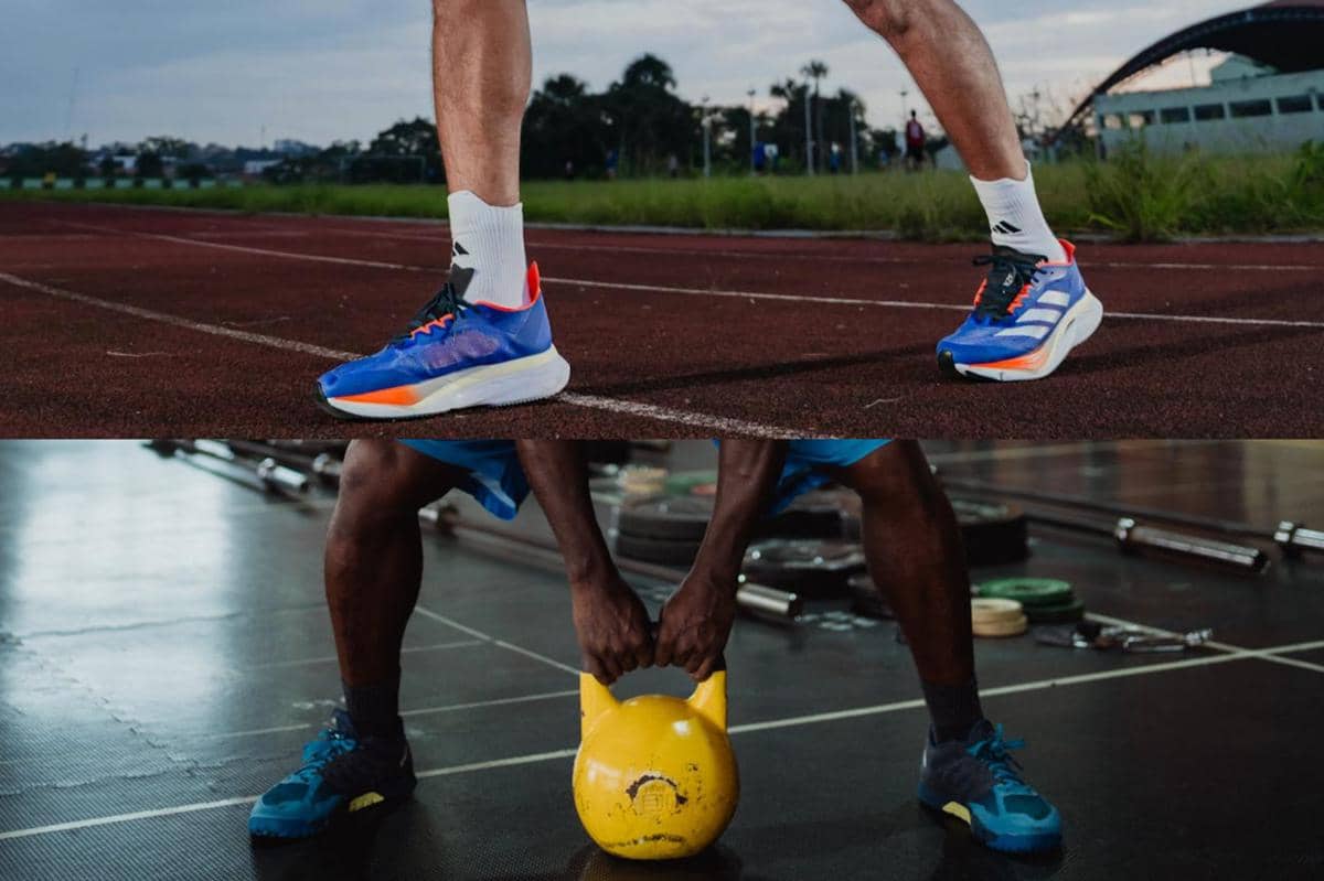 Sepatu olahraga digunakan untuk aktivitas lari di lintasan luar ruangan dan latihan angkat beban di gym dengan kettlebell kuning.