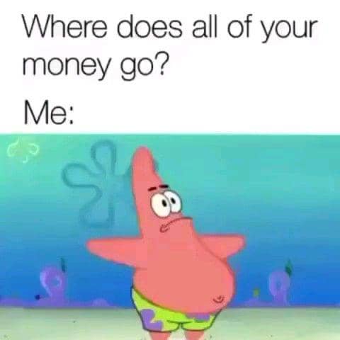 Meme kartun menampilkan karakter Patrick Star dari SpongeBob SquarePants dengan ekspresi bingung dan tulisan lucu tentang uang.