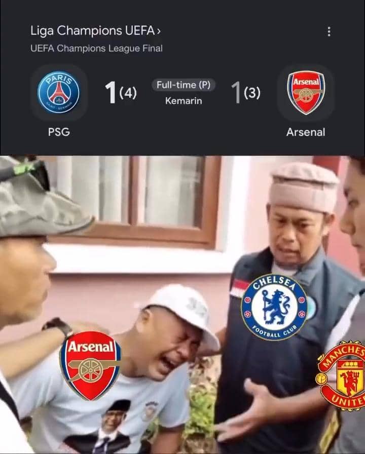 Meme lucu menggambarkan fans Arsenal menangis setelah kalah adu penalti dari PSG di final Liga Champions, dengan logo klub lain seperti Chelsea dan Manchester United ikut muncul.