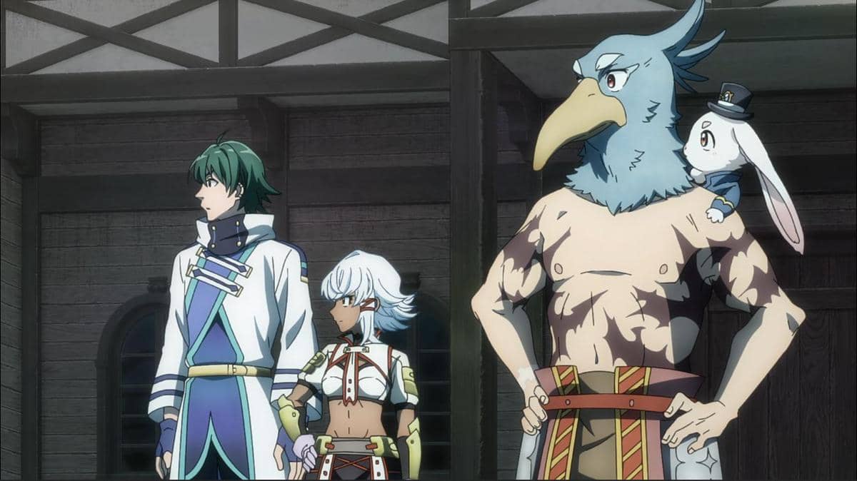 Empat karakter anime dari Shangri-La Frontier Season 2 berdiri berdampingan di depan bangunan kayu dengan ekspresi serius.