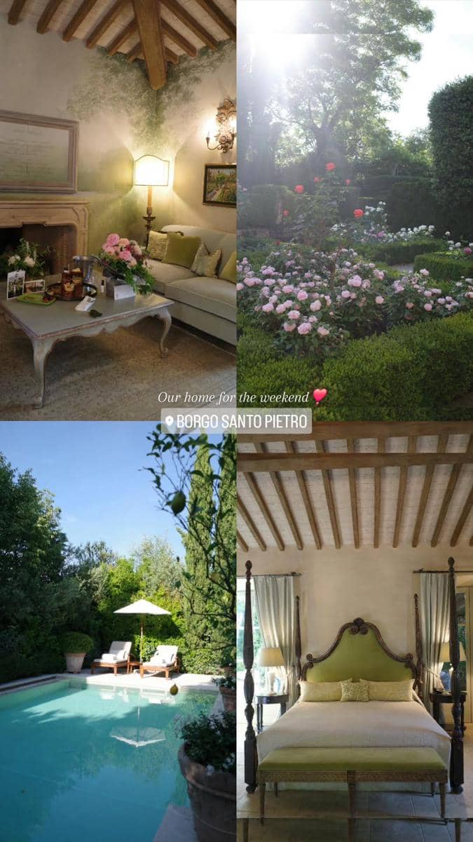 Interior vila bergaya klasik dengan ruang tamu elegan, taman bunga mawar, kolam renang pribadi, dan kamar tidur mewah di Borgo Santo Pietro, Italia.