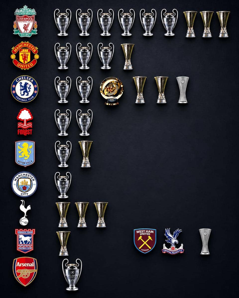 Deretan logo klub Liga Inggris dengan trofi Eropa masing-masing di latar hitam, termasuk Arsenal, Liverpool, Manchester United, dan Chelsea.