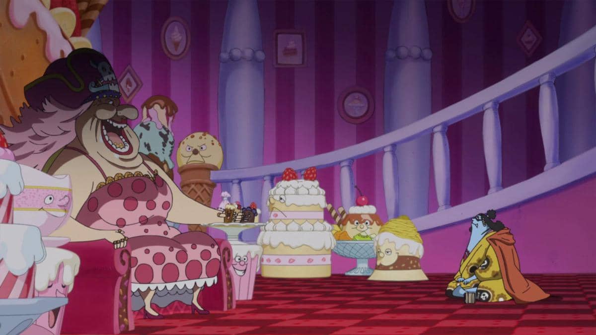 Adegan dari anime One Piece menampilkan Big Mom duduk di singgasana dikelilingi kue dan es krim di Pulau Whole Cake.