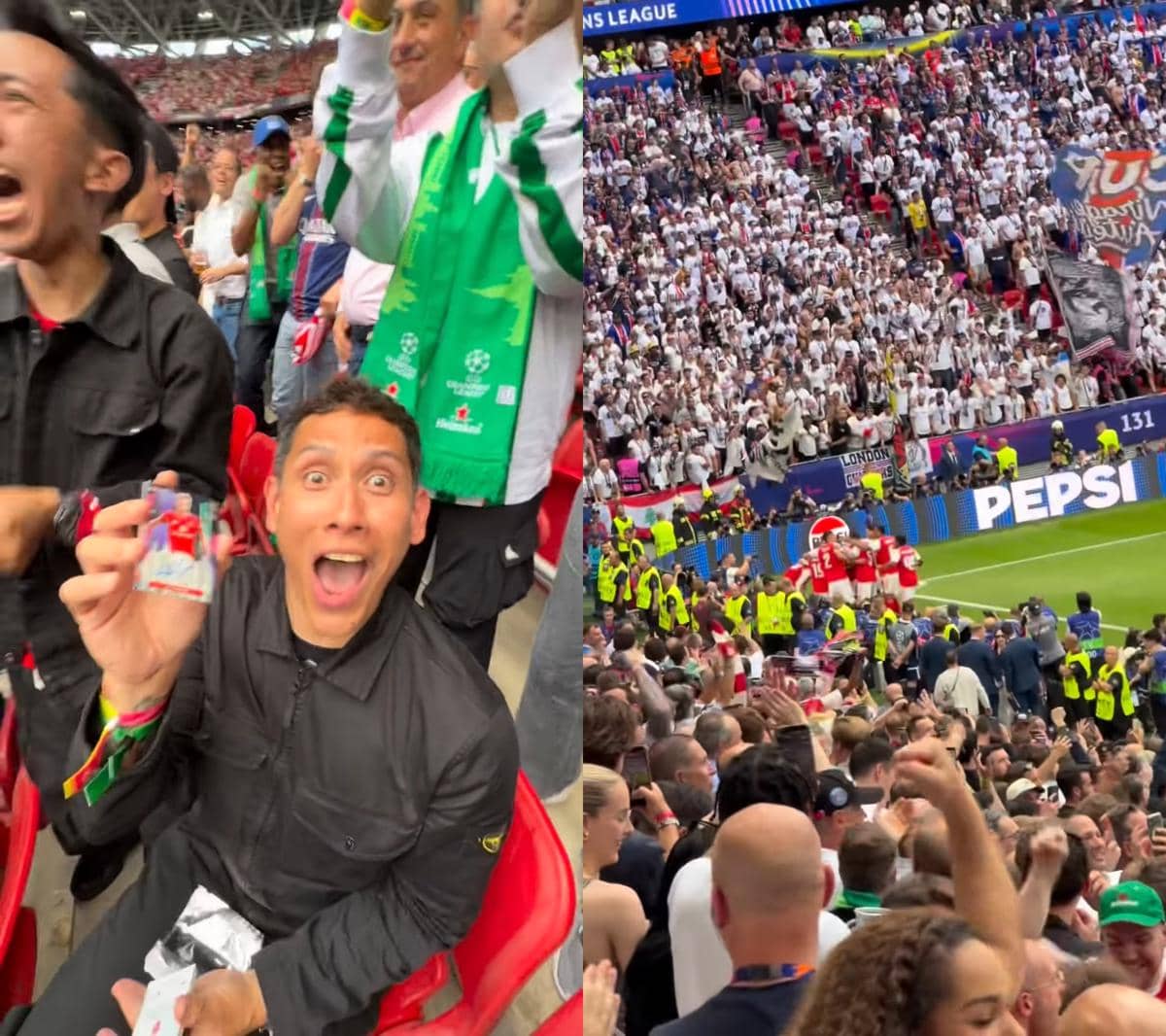 Seorang penonton bersemangat memegang tiket di tribun stadion saat final Liga Champions antara Arsenal dan PSG berlangsung.