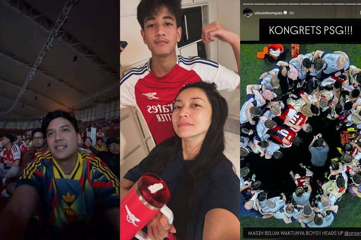 Beberapa orang mengenakan jersey Arsenal menonton final Liga Champions antara Arsenal dan PSG, dengan suasana antusias dan dukungan tim.