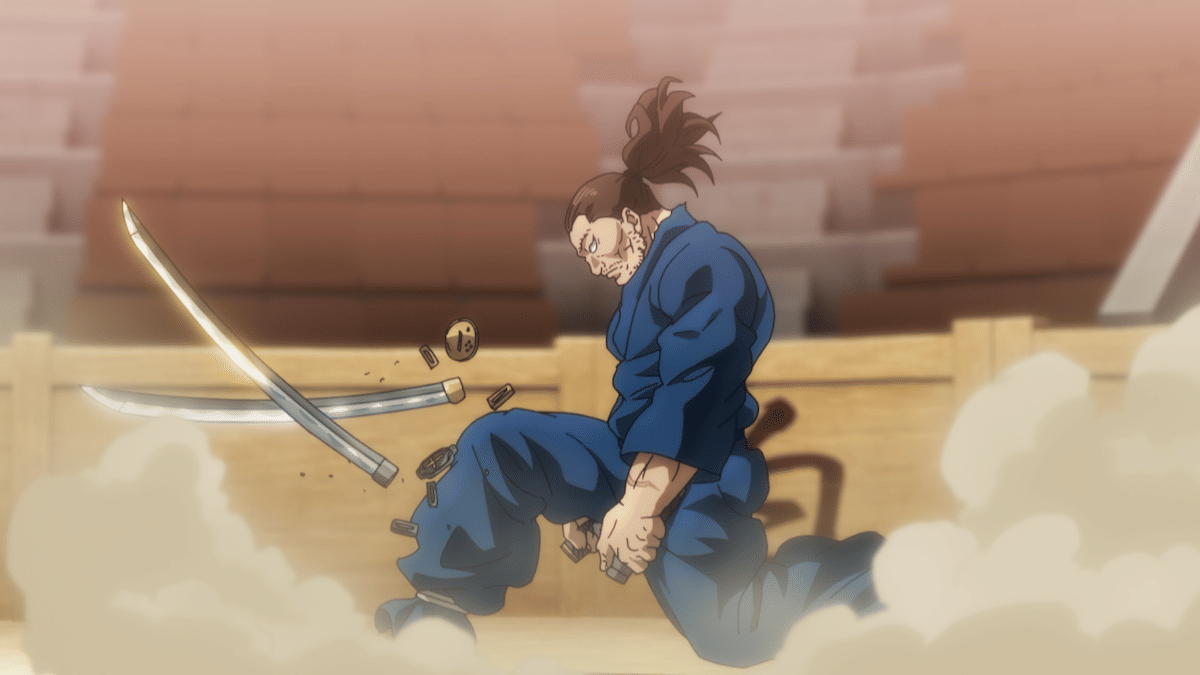 Seorang samurai animasi mengenakan pakaian biru berlutut di arena dengan pedang patah dan serpihan logam beterbangan di sekitarnya.