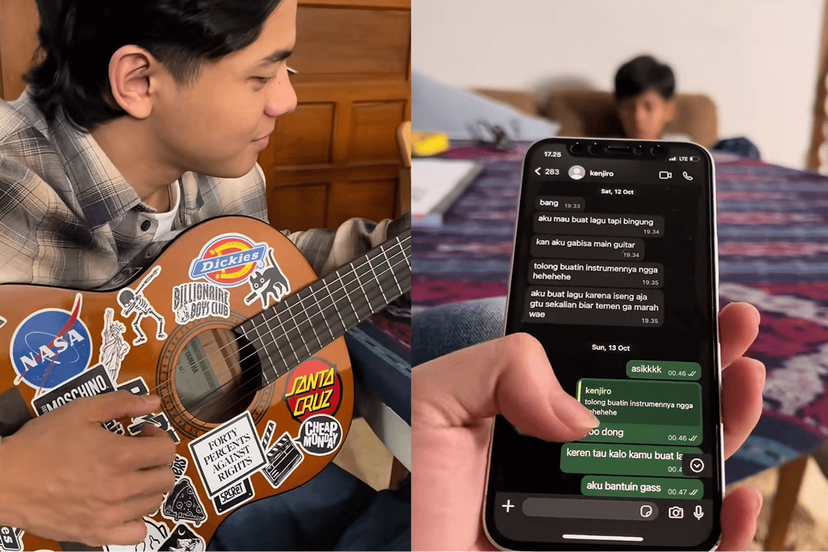 Seorang pria memainkan gitar klasik berstiker warna-warni di ruangan kayu, sementara layar ponsel menampilkan percakapan tentang pembuatan lagu.