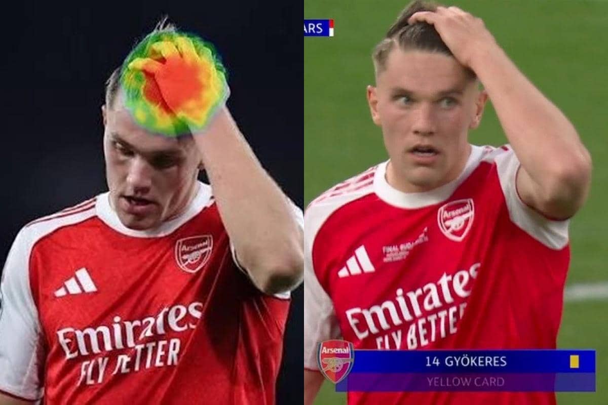 Pemain Arsenal mengenakan jersey merah putih sedang memegang kepala, salah satu gambar dengan efek panas berwarna di kepala.