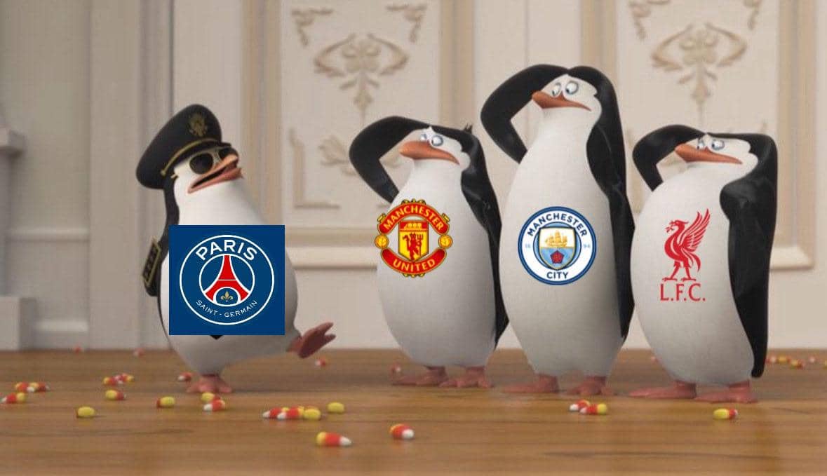 Empat karakter penguin animasi berdiri berjajar dengan logo klub sepak bola PSG, Manchester United, Manchester City, dan Liverpool di tubuh mereka.