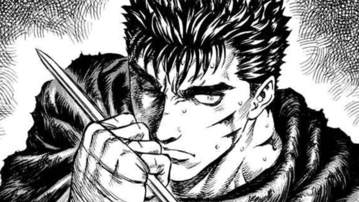 Ilustrasi karakter Guts dari manga Berserk sedang memegang pedang dengan ekspresi serius dan tubuh berkeringat.