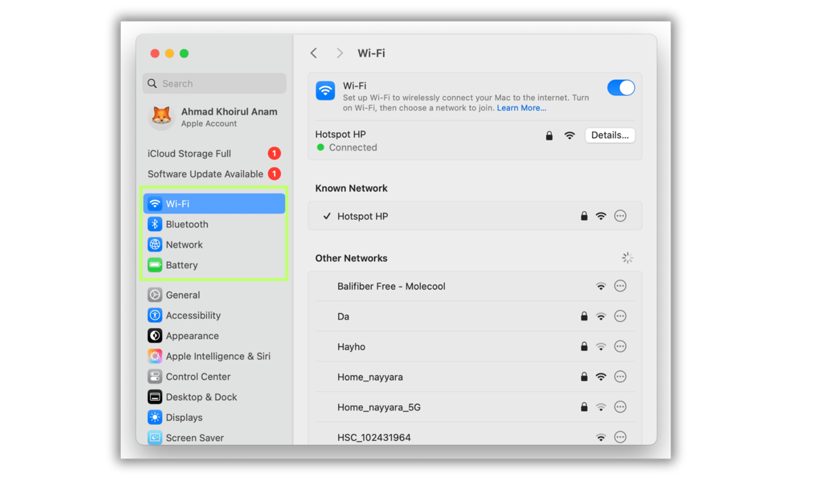 System Settings di MacBook
